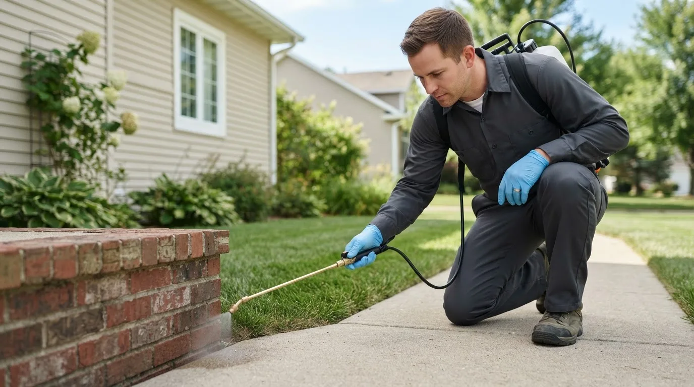 Pest control technician treating a home near Towson, MD