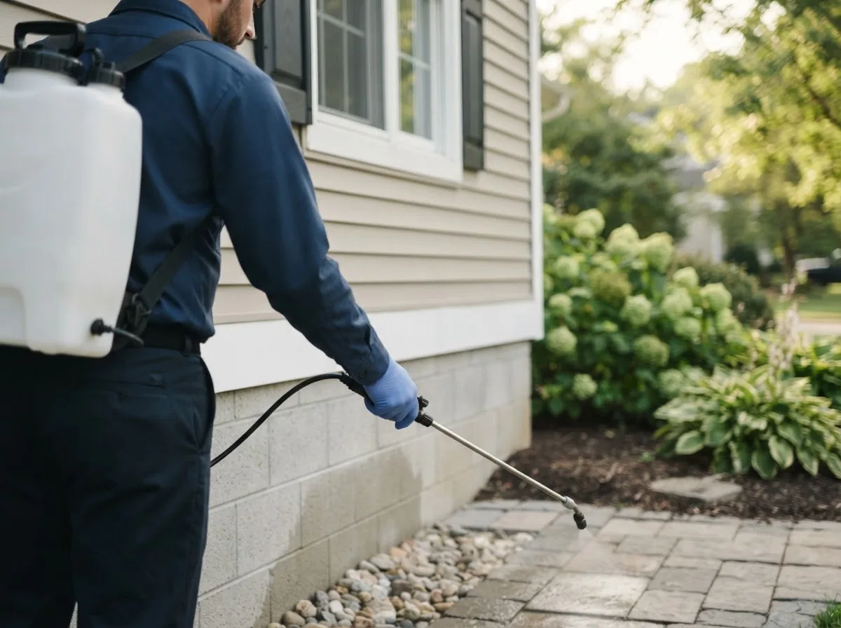 Pest control technician inspecting a home in Towson, MD